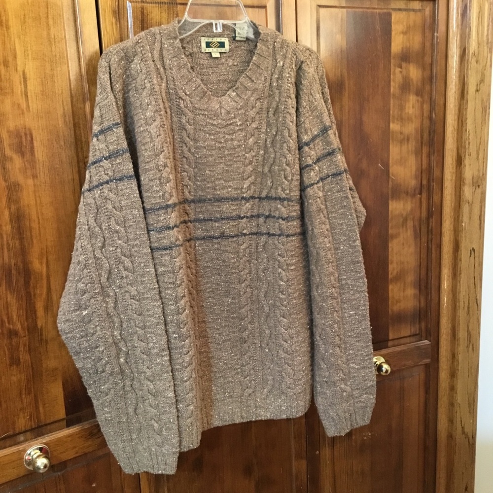 Joseph Abboud Tan V-Neck Sweater with dark stripes, size L, wool/ silk